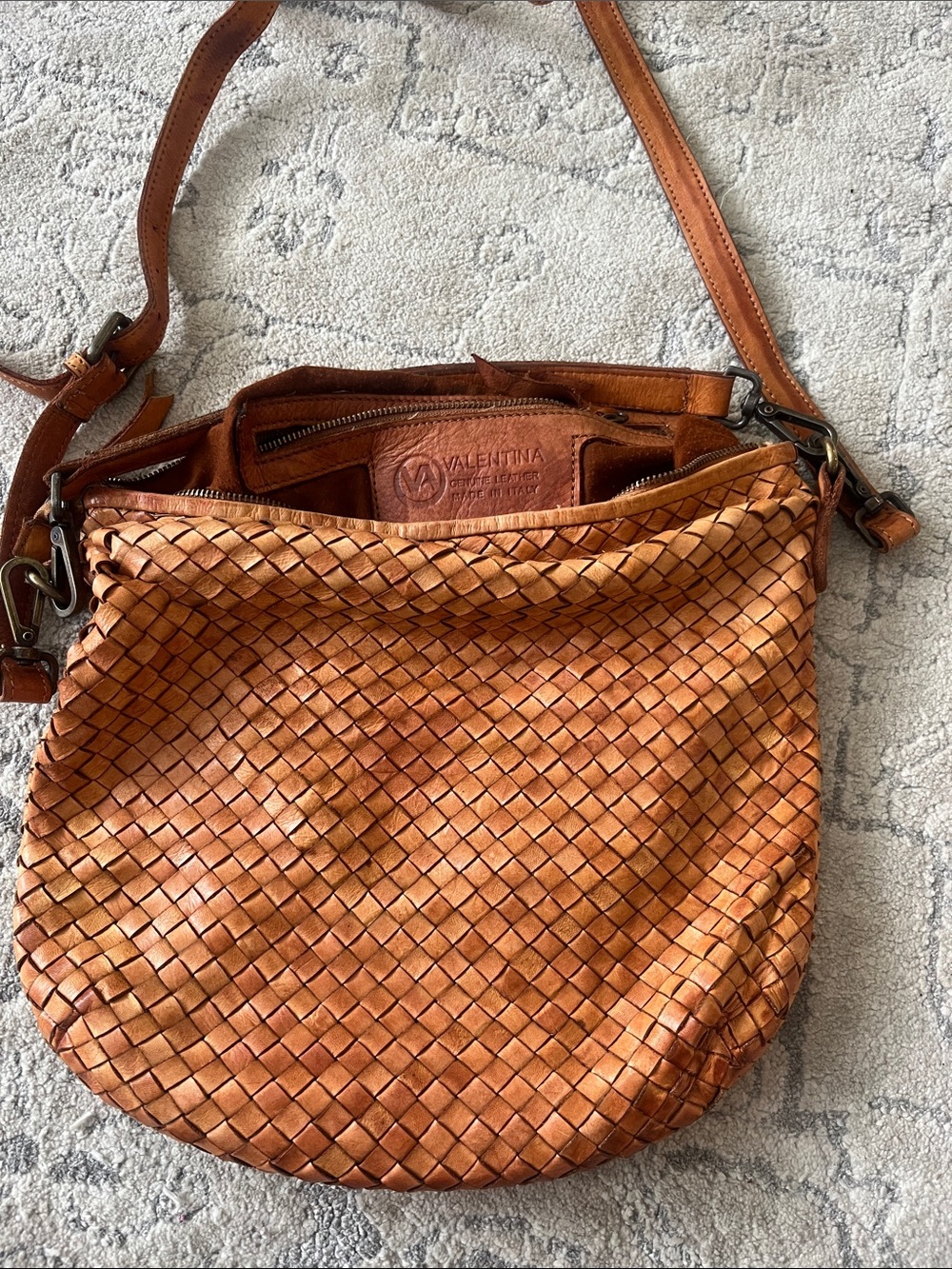 Valentina Woven Leather Crossbody Bag in Cognac